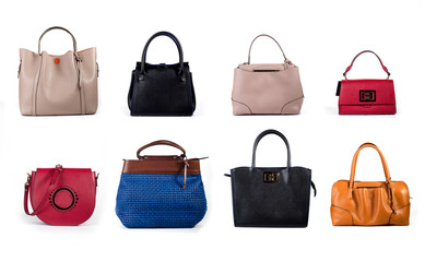 set of leather women handbags isolated on white background