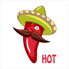 Funny animated chili pepper in bright sombrero.