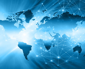 World map on a technological background, glowing lines symbols of the Internet, radio, television, mobile and satellite communications.