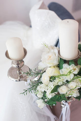 Wedding details with wedding dress. Bridal morning