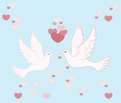 Two pigeons flying in sky with love hearts. Vector