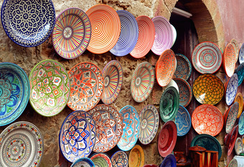 Essaouira, Morocco -  January 6, 2016: Traditional arabic handcrafted, colorful decorated plates shot at the market