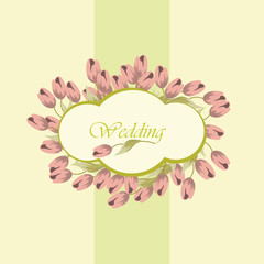 Wedding card invitation with pink tulips on green. Vintage Vector