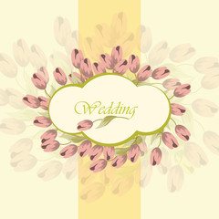 Wedding card invitation with pink tulips. Vintage Vector