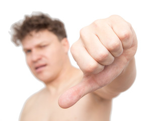 man shows a finger on a white background