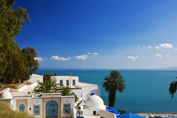 Foto auf Acrylglas Tunesien Tunesien. Sidi Bou Said - typisches Gebäude mit weißen Wänden, blauen Türen und Fenstern