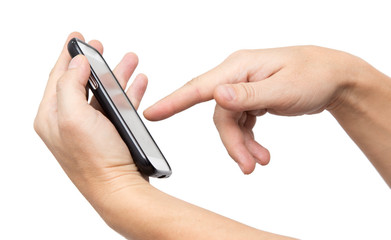 phone in his hand on a white background