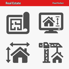 Real Estate Icons. Professional, pixel perfect icons optimized for both large and small resolutions. EPS 8 format.