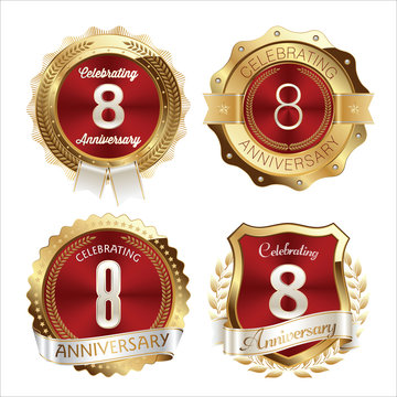 Gold and Red Anniversary Badges 8th Years Celebration