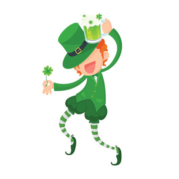 Vector Illustration of Happy Leprechaun Holding Four-Leaf Clover and Green Beer for St. Patrick's Day