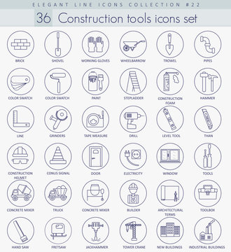 Vector Construction tools outline icon set. Elegant thin line style design