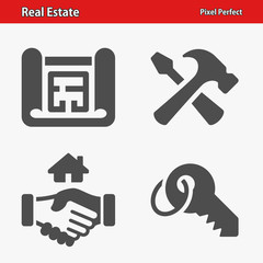 Real Estate Icons. Professional, pixel perfect icons optimized for both large and small resolutions. EPS 8 format.