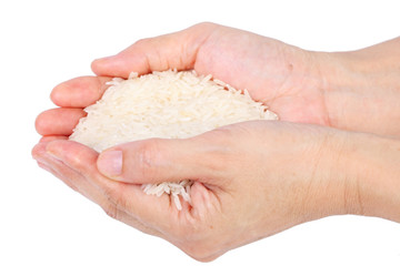 hand holding rice grain isolated on white background