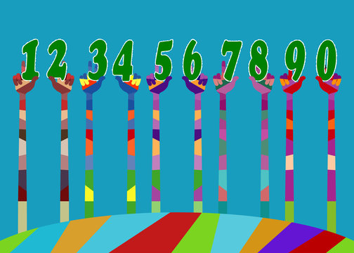 many different colored hands. palm lifted upwards and raise the numbers.
vector illustration, editable to any size