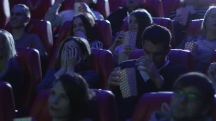Group of people are scared while watching a horror film screening in a movie cinema theater. Shot on RED Cinema Camera.
