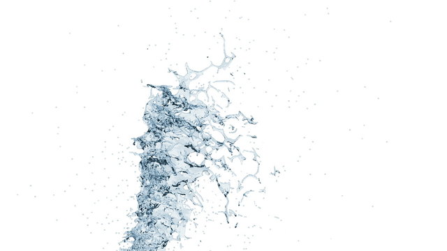 4K Slow Motion Blue Big Water Splash Fountain On White Background With Alpha Matte