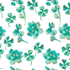 Watercolor vector eucalyptus leaves and branches, succulent, clover. Hand painted watercolor pattern. Shamrock. - 102348884