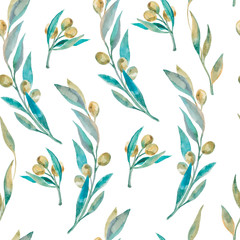 Watercolor green olive pattern. Olive branche - 102349013