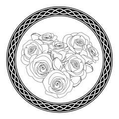 ornament with celtic motive and roses, antistress coloring page for adults, illustration