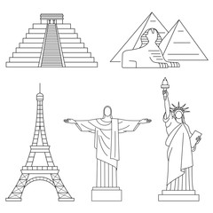 World Landmarks, Eiffel Tower, Statue of liberty,Chichen Itza, Christ the Redeemer, Sphinx. Vector line icons set.