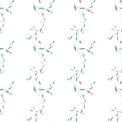Obraz na płótnie Canvas Abstract floral vector seamless pattern with fragility curl branch, leaves and hearts. Spring background. With clipping mask.