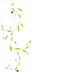 Abstract vertical floral delicate background with place for your text. Vector fragility curl branch with leaves and hearts for greeting and invitation card. - obrazy, fototapety, plakaty