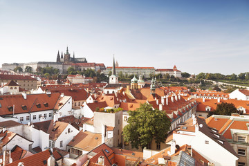 Fototapeta na wymiar View of Prague rooftops and St. Vitus Cathedral and red roofs. Czech republic