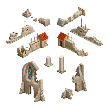 Big set of medieval buildings, isometric game art on white