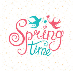 Spring time lettering. Calligraphy card with two leaves.
