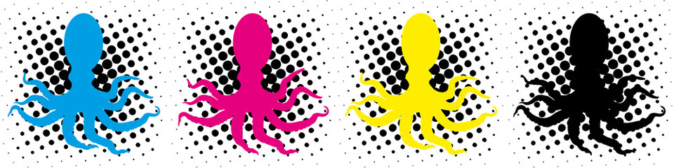 cmyk19 CyanMagentaYellowKey - Octopus with cmyk halftone background - 4to1 g4241
