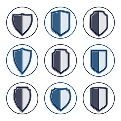 Set of stylized coat of arms, decorative vector defense shields