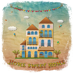 Cartoon Houses Postcard. Country Cottage on Vintage Background. Sweet Home - hand lettering. Illustration.