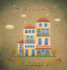 Cartoon Houses Postcard. Country Cottage on Vintage Background. Sweet Home - hand lettering. Illustration.