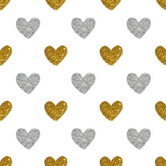 Background with hearts of golden and silver glitter, seamless pattern