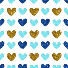 Background with hearts of blue and golden glitter, seamless pattern