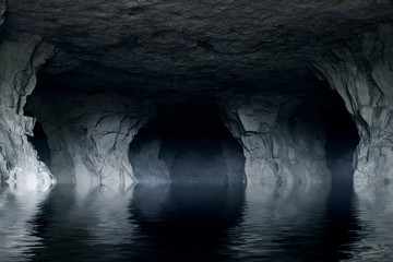 underground river in a dark stone cave - obrazy, fototapety, plakaty
