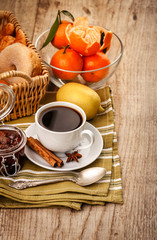 Good morning breakfast with coffee and fruits