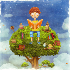 Illustration of  young boy sitting on a tree and reads a book 