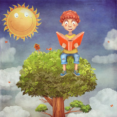 Illustration of  young boy sitting on a tree and reads a book 