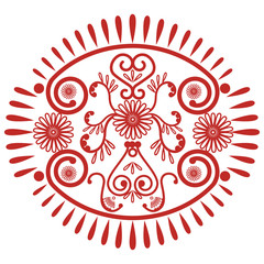Asian culture inspired  wedding makeup mandala henna tattoo lace decoration in oval shape made out of leaves, hearts in  red  symbolizing happiness, love and spiritual life , zen , inner peace
