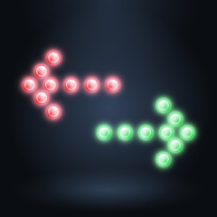 Red and green arrows on dark background, vector neon technology illustration