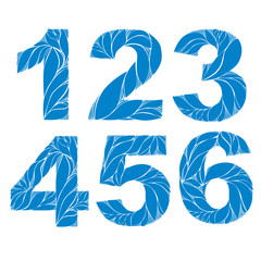 Blue elegant floral numbers, decorative digits with retro pattern