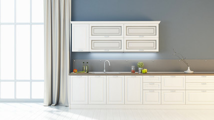 Bright kitchen interior 3D render