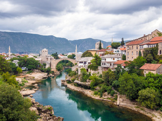Fototapeta na wymiar Old bridge and Neretva river in Mostar, Bosnia and Herzegovina