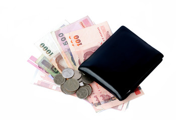 Wallet with thai baht bills and coins