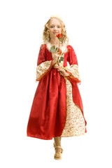 Fototapeta na wymiar Beautiful Little Girl in Princess Costume Standing With red Ros