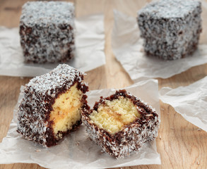 Australian Lamington cake on wooden table