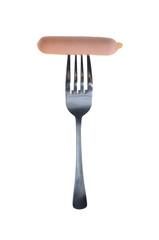 Sausage on a fork isolated on a white background