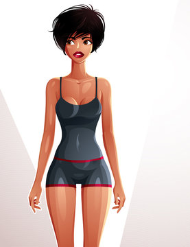 Young pretty lady in a sportswear with modern female haircut. Vector