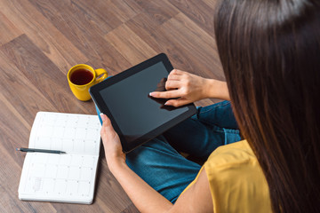 Top view photo of young business woman